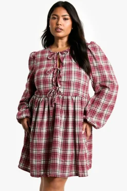 Smock Dresses*boohoo Plus Check Tie Front Check Smock Dress red