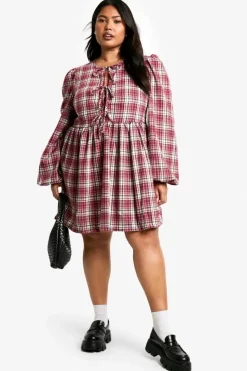 Smock Dresses*boohoo Plus Check Tie Front Check Smock Dress red