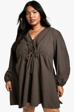 Smock Dresses*boohoo Plus Check Tie Front Smock Dress brown