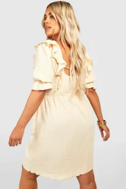 Smock Dresses*boohoo Plus Cheesecloth Frill Smock Dress stone