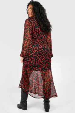 Skater Dresses*boohoo Plus Cherry Print Lined Midaxi Dress red