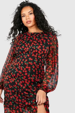 Skater Dresses*boohoo Plus Cherry Print Lined Midaxi Dress red