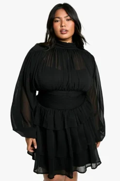Skater Dresses*boohoo Plus Chiffon High Neck Skater Dress black