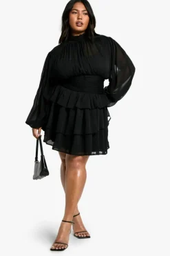 Skater Dresses*boohoo Plus Chiffon High Neck Skater Dress black