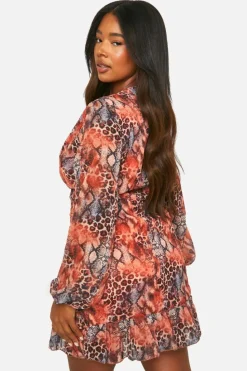 Wrap Dresses*boohoo Plus Chiffon Ruffle Wrap Dress leopard