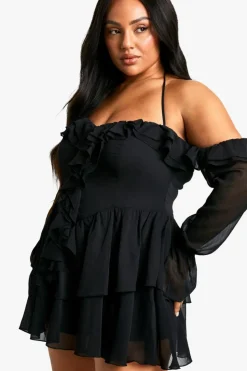 Skater Dresses|Mini Dresses*boohoo Plus Chiffon Off Cold Shoulder Skater Dress black