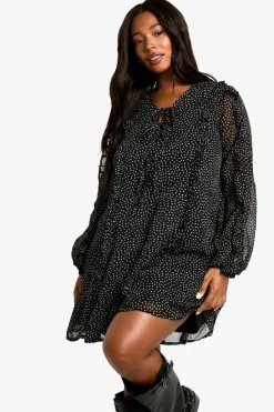 Smock Dresses*boohoo plus CHIFFON POLKA DOT SMOCK DRESS black