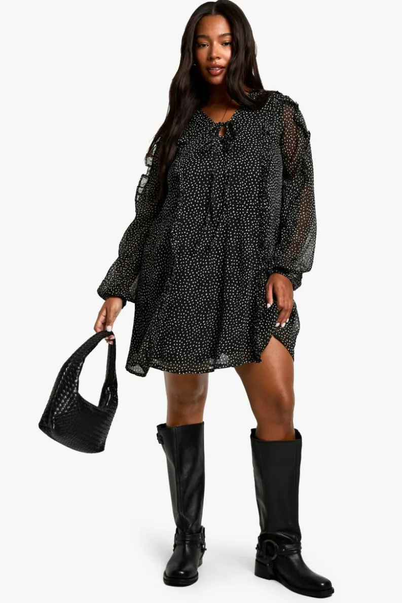 Smock Dresses*boohoo plus CHIFFON POLKA DOT SMOCK DRESS black