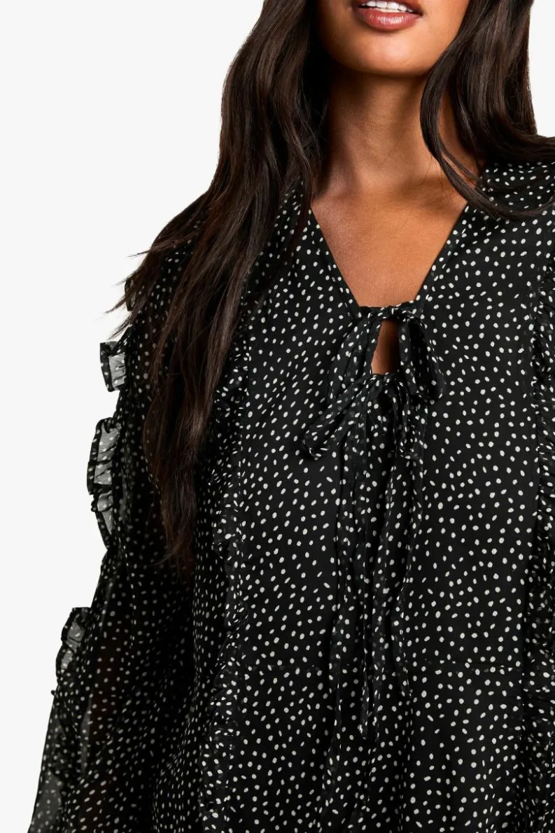 Smock Dresses*boohoo plus CHIFFON POLKA DOT SMOCK DRESS black