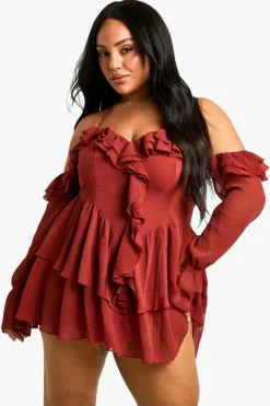 Skater Dresses*boohoo Plus Chiffon Ruffle Off Shoulder Skater Dress malbec
