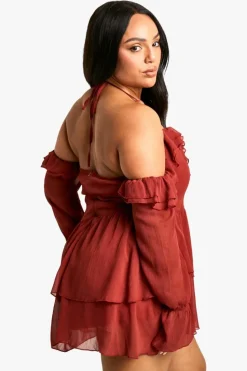 Skater Dresses*boohoo Plus Chiffon Ruffle Off Shoulder Skater Dress malbec