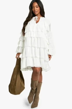Smock Dresses|Long Sleeve Dresses*boohoo Plus Chiffon Ruffle Pussybow Smock Dress ivory