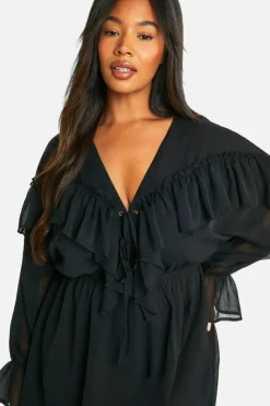 Smock Dresses|Mini Dresses*boohoo Plus Chiffon Ruffle Skater Dress black