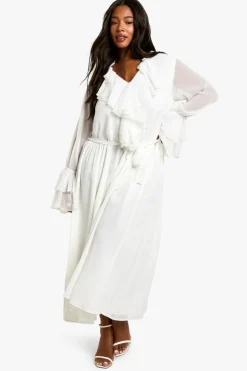 Smock Dresses*boohoo Plus Chiffon Ruffle Tie Belt Skater Maxi Dress ivory