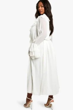Smock Dresses*boohoo Plus Chiffon Ruffle Tie Belt Skater Maxi Dress ivory