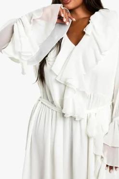 Smock Dresses*boohoo Plus Chiffon Ruffle Tie Belt Skater Maxi Dress ivory