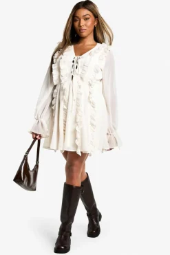 Skater Dresses*boohoo Plus Chiffon Ruffle Tie Front Skater Dress ivory