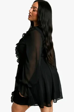 Skater Dresses|Mini Dresses*boohoo Plus Chiffon Ruffle Tie Front Skater Dress black