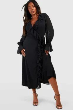 Wrap Dresses|Long Sleeve Dresses*boohoo Plus Chiffon Ruffle Wrap Dress black