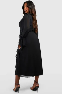 Wrap Dresses|Long Sleeve Dresses*boohoo Plus Chiffon Ruffle Wrap Dress black