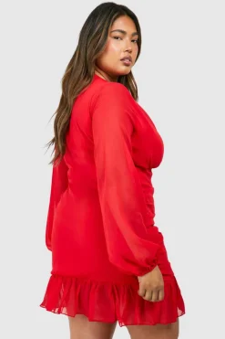 Wrap Dresses|Mini Dresses*boohoo Plus Chiffon Ruffle Wrap Dress red
