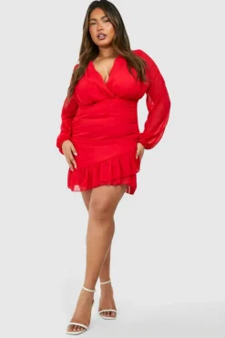 Wrap Dresses|Mini Dresses*boohoo Plus Chiffon Ruffle Wrap Dress red