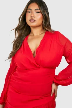 Wrap Dresses|Mini Dresses*boohoo Plus Chiffon Ruffle Wrap Dress red