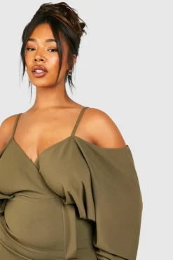 Wrap Dresses*boohoo Plus Cold Shoulder Wrap Dress khaki