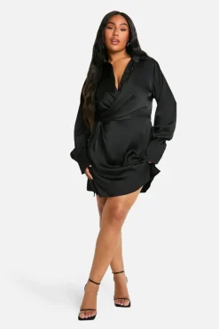 Shirt Dresses*boohoo Plus Collared Plunge Neck Mini Shirt Dress black