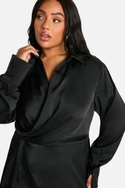 Shirt Dresses*boohoo Plus Collared Plunge Neck Mini Shirt Dress black