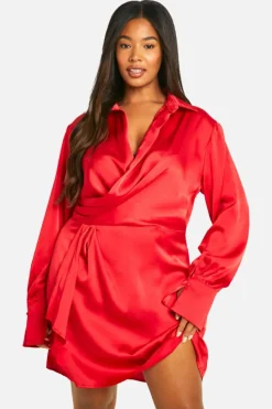 Shirt Dresses|Mini Dresses*boohoo Plus Colla Plunge Neck Mini Shirt Dress red