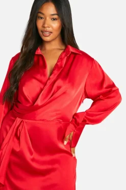 Shirt Dresses|Mini Dresses*boohoo Plus Colla Plunge Neck Mini Shirt Dress red