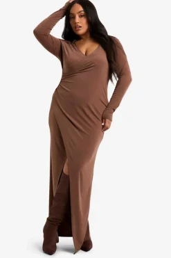 Wrap Dresses*boohoo Plus Collared Wrap Ruched Waist Midaxi Dress mocha