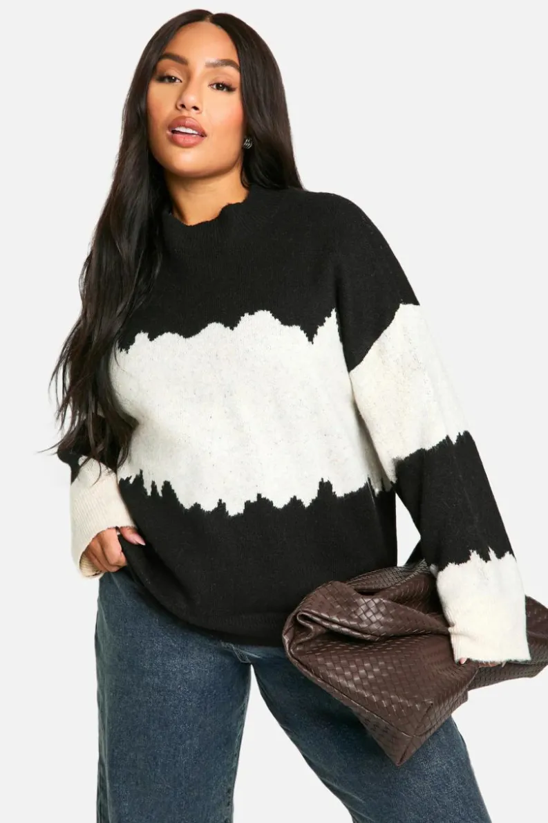 Oversized Jumpers*boohoo Plus Colour Block Abstract Stripe Oversized Jumper black