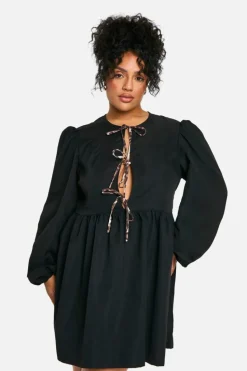 Smock Dresses*boohoo Plus Contrast Leopard Tie Front Long Sleeve Smock Dress black