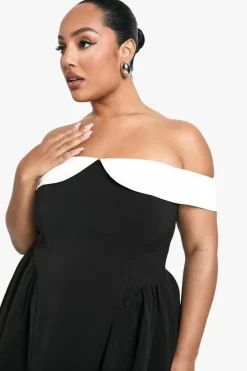 Skater Dresses*boohoo Plus Contrast Off The Shoulder Pleated Skater Dress black