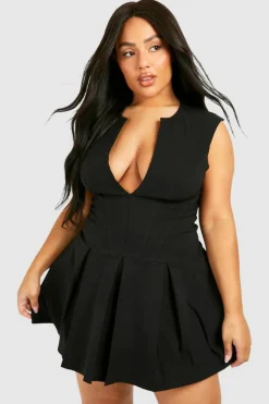 Skater Dresses*boohoo Plus Corset Detail Plunge Pleated Hem Dress black