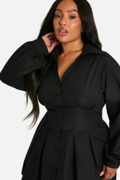 Shirt Dresses|Mini Dresses*boohoo Plus Corset Detail Shirt Dress black