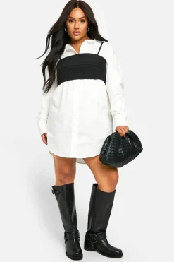 Shirt Dresses*boohoo Plus Corset Detail Shirt Dress white