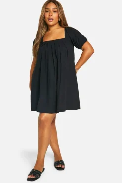 Smock Dresses*boohoo Plus Cotton Blend Puff Sleeve Smock Dress black