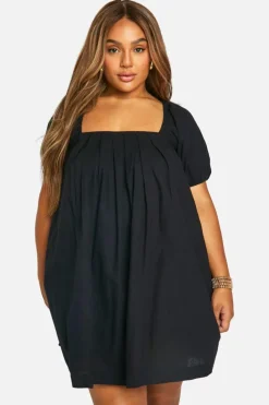 Smock Dresses*boohoo Plus Cotton Blend Puff Sleeve Smock Dress black