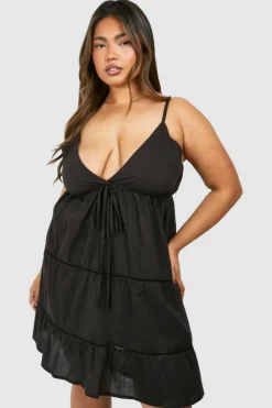 Smock Dresses*boohoo Plus Cotton Crochet Trim Mini Dress black