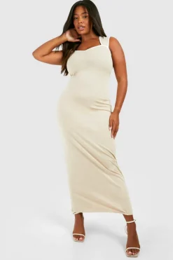 Bodycon Dresses*boohoo Plus Cotton Elastance Sweetheart Neckline Contrast Maxi Dress stone