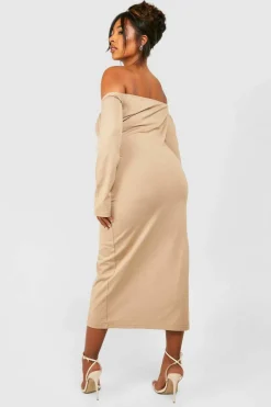 Midi Dresses*boohoo Plus Cotton Off Shoulder Midi Dress taupe
