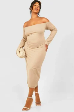 Midi Dresses*boohoo Plus Cotton Off Shoulder Midi Dress taupe
