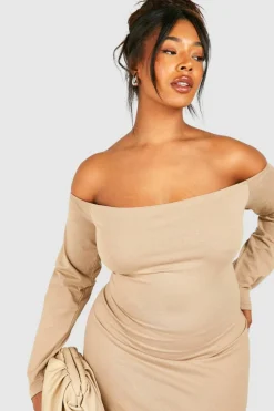 Midi Dresses*boohoo Plus Cotton Off Shoulder Midi Dress taupe