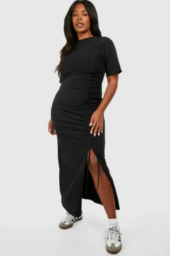 T-Shirt Dresses|Shirt Dresses*boohoo Plus Cotton Ruched T-shirt Midaxi Dress black