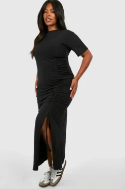 T-Shirt Dresses|Shirt Dresses*boohoo Plus Cotton Ruched T-shirt Midaxi Dress black