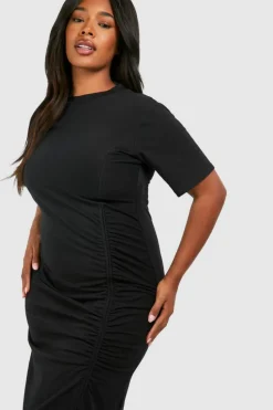 T-Shirt Dresses|Shirt Dresses*boohoo Plus Cotton Ruched T-shirt Midaxi Dress black