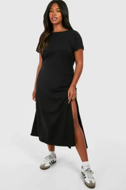 T-Shirt Dresses|Shirt Dresses*boohoo Plus Cotton Ruched T-shirt Dress black